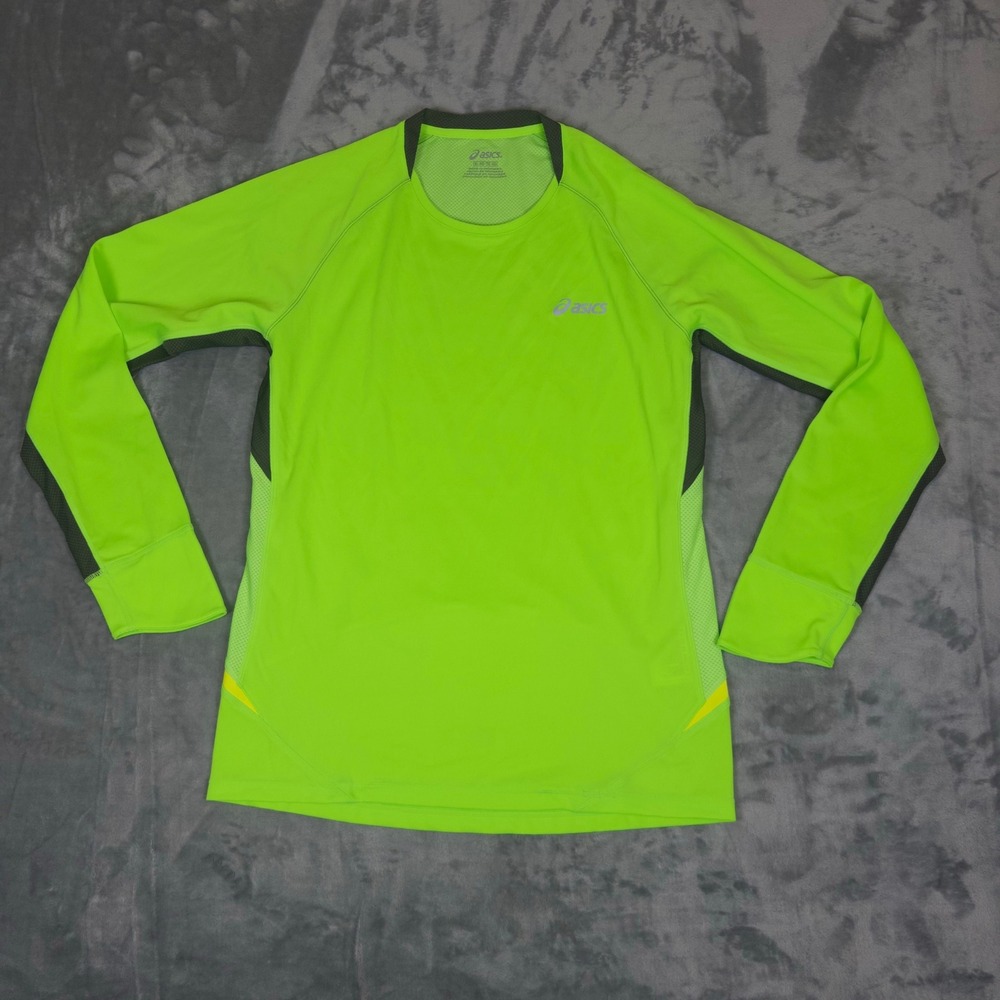 Asics Running Shirt Mens XL Neon Green Long Sleeve Mesh Performance Activewear